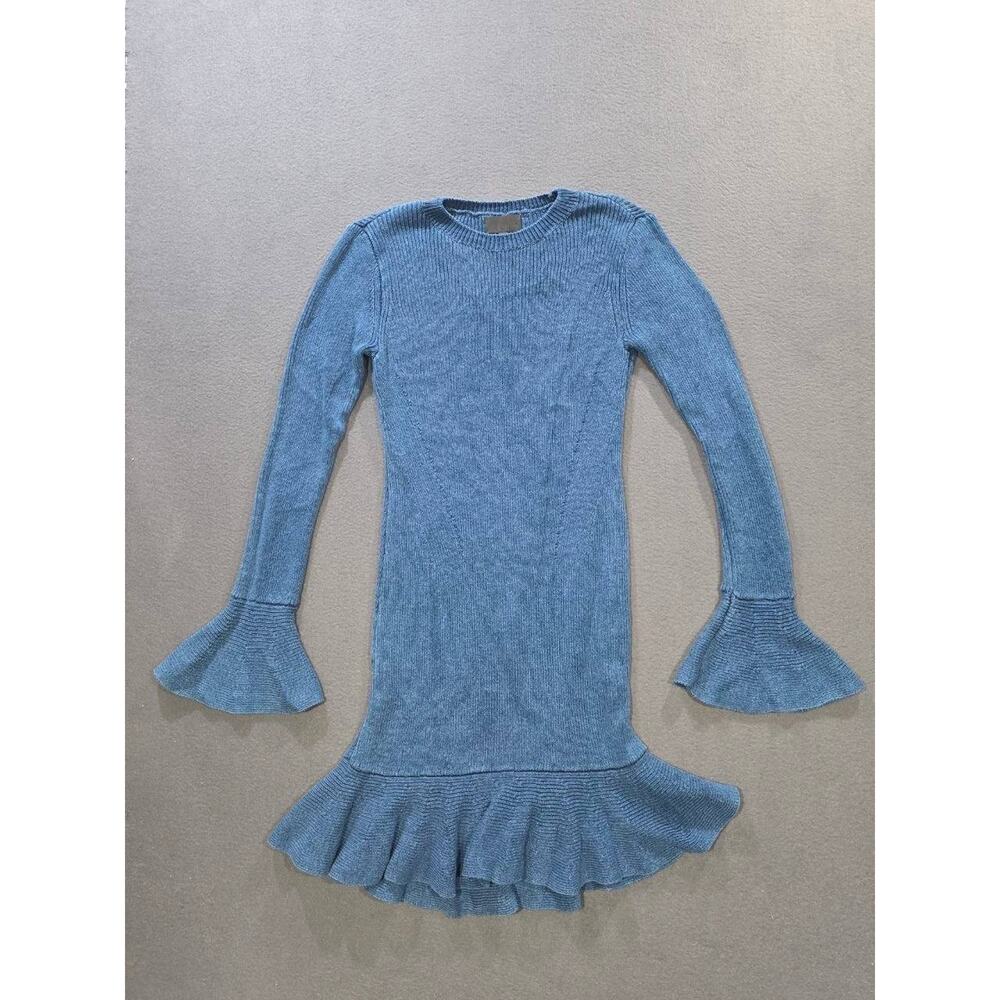 Intermix Blue Stretch Knit Long Sleeve Ruffle Midi Sweater Dress L A010396 - Picture 2 of 7